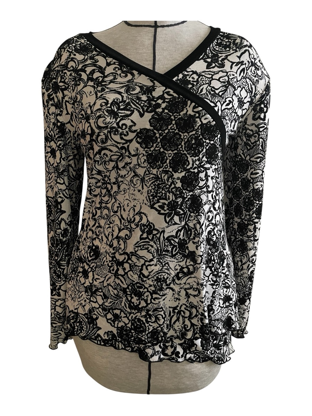 Chico's Black and White Floral Wrap-Front Long Sleeve Top